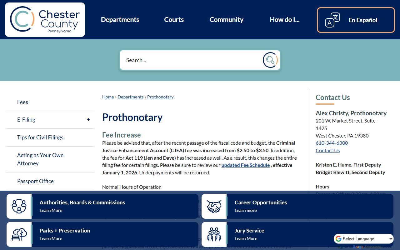 Chester County civil court records on the county Prothonotary page