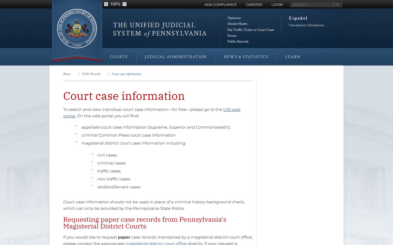 Chester County court records public access on the Pennsylvania court case information page