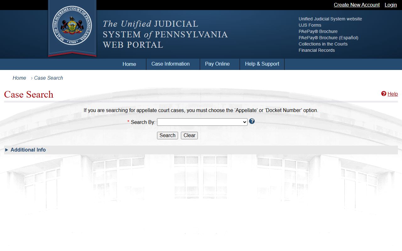 Chester County court records UJS public case search fields and tabs