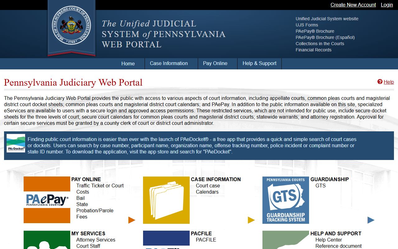 Chester County court records search on the Pennsylvania Judiciary Web Portal home page