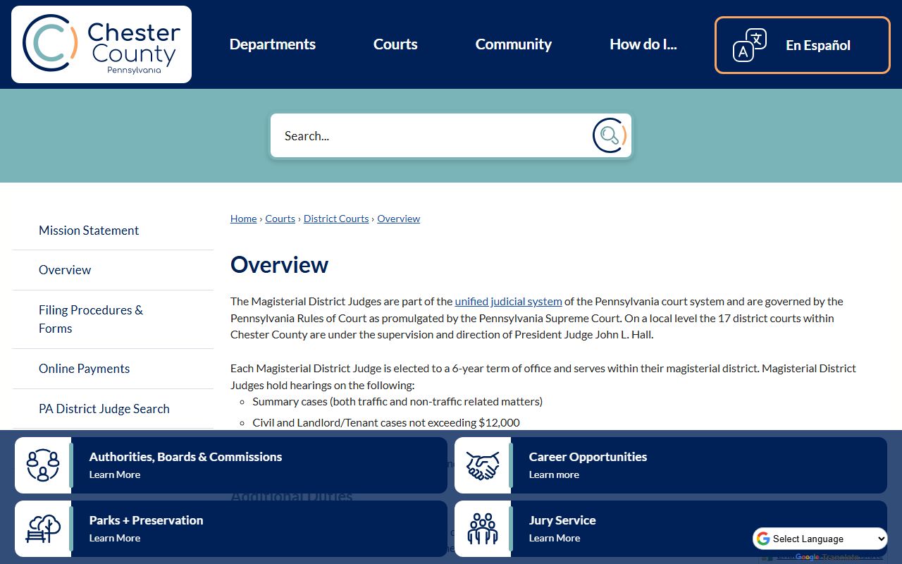 Chester County Magisterial District Courts overview on the county court system page