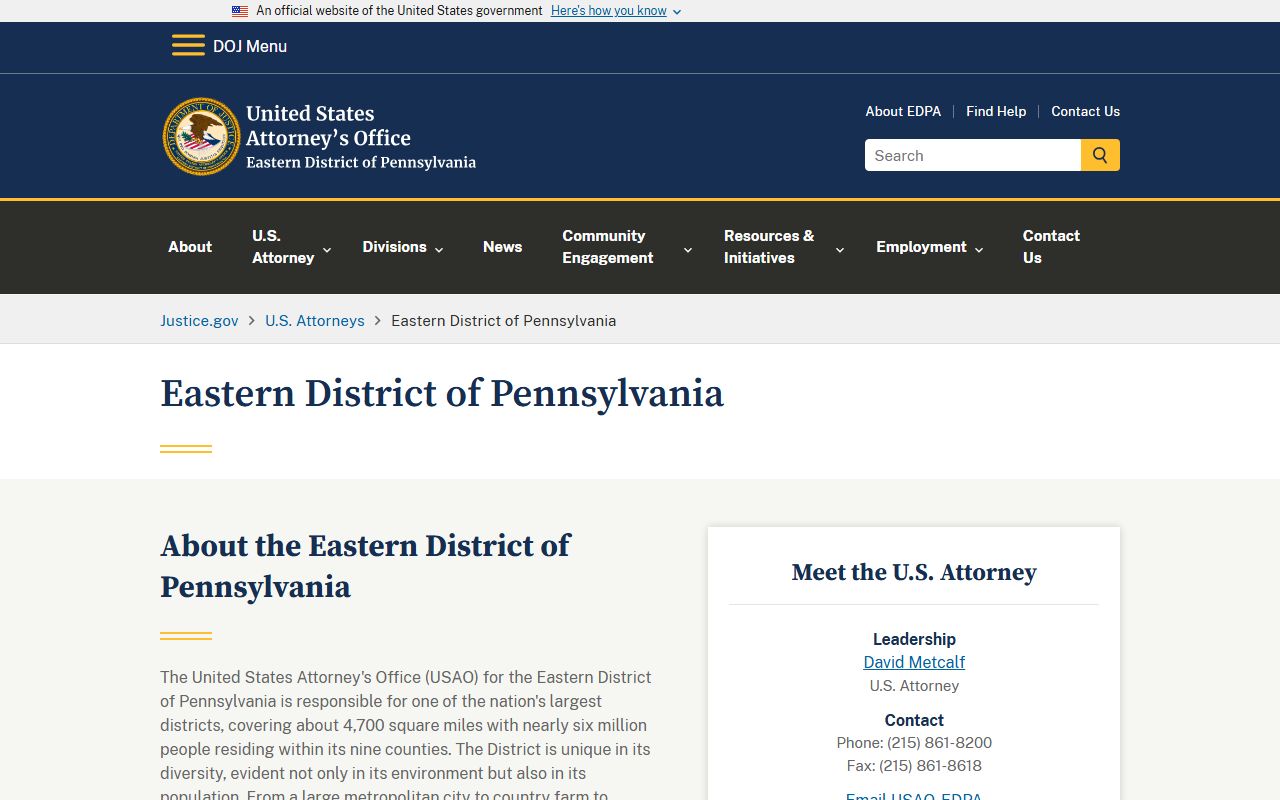 Chester County federal records and prosecutions at the U.S. Attorney Eastern District of Pennsylvania