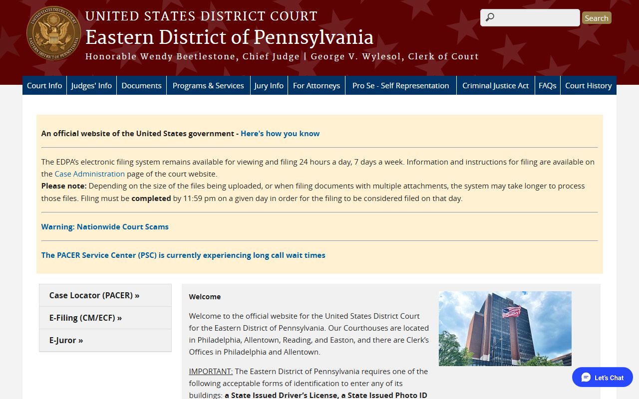 Chester County federal records on the U.S. District Court Eastern District of Pennsylvania site