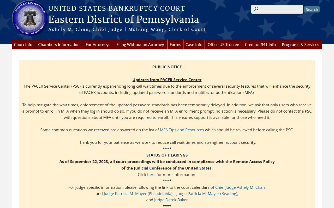 Chester County federal records at the U.S. Bankruptcy Court for the Eastern District of Pennsylvania