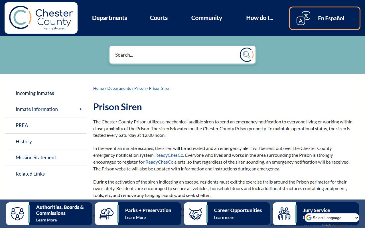 Chester County inmate records and the Chester County Prison emergency siren page