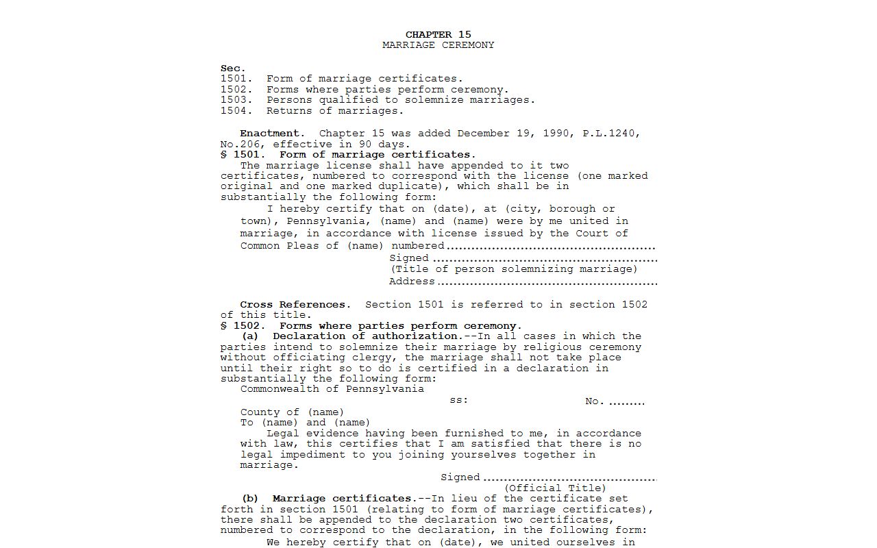 Pennsylvania marriage license statutes for Chester County marriage and divorce records