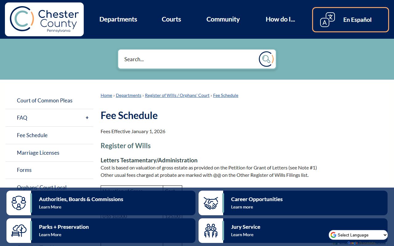 Chester County probate records fee schedule for the Register of Wills and Orphans' Court
