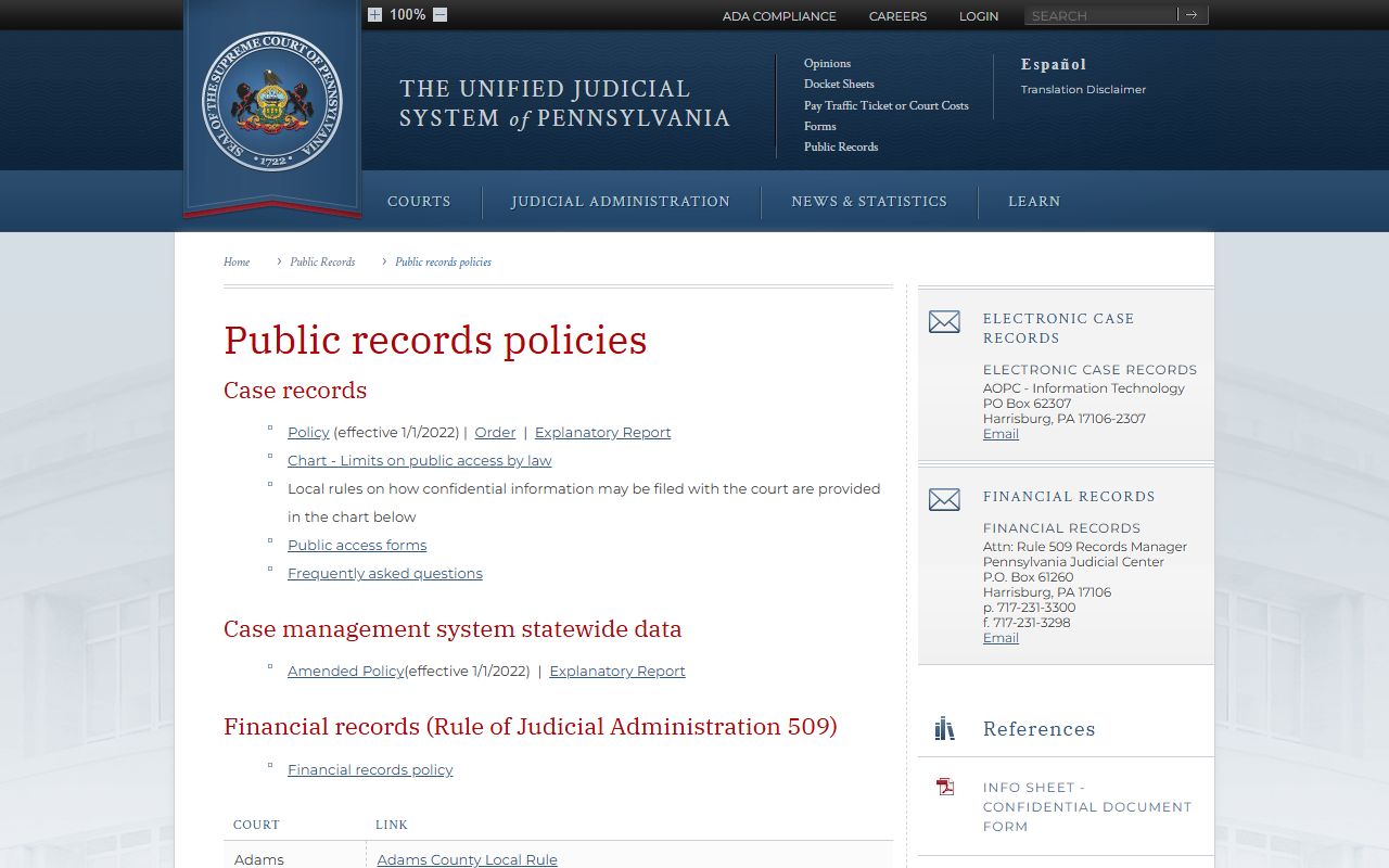 Chester County public records and the Pennsylvania Unified Judicial System access policy