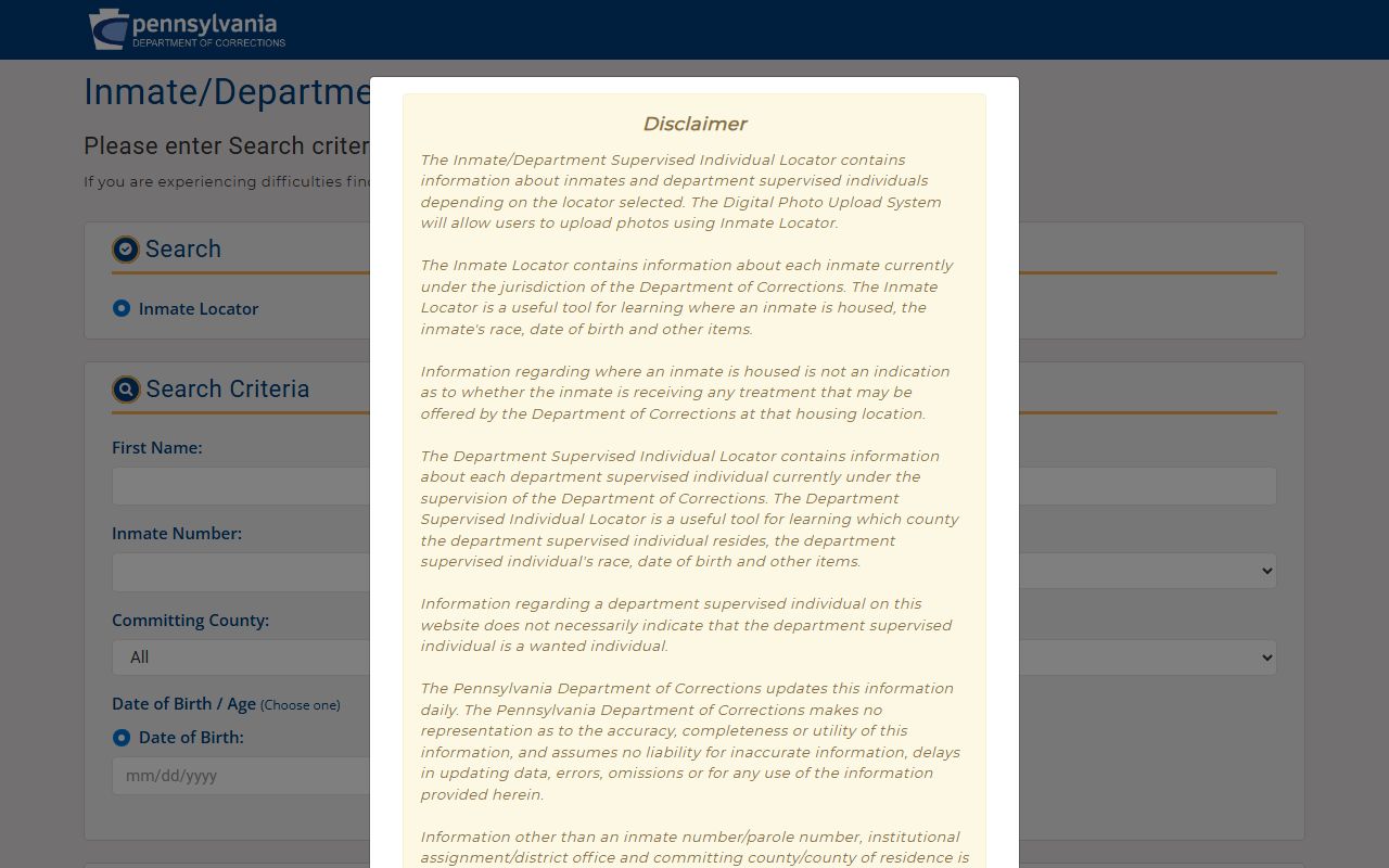 Chester County released inmates search on the PA DOC inmate locator