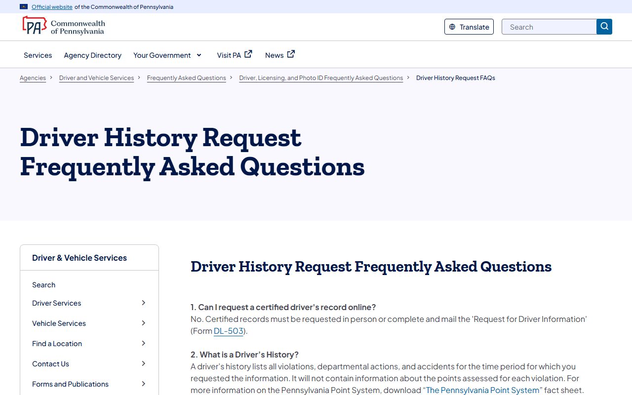 Chester County traffic court records and the PennDOT driver history FAQ contents