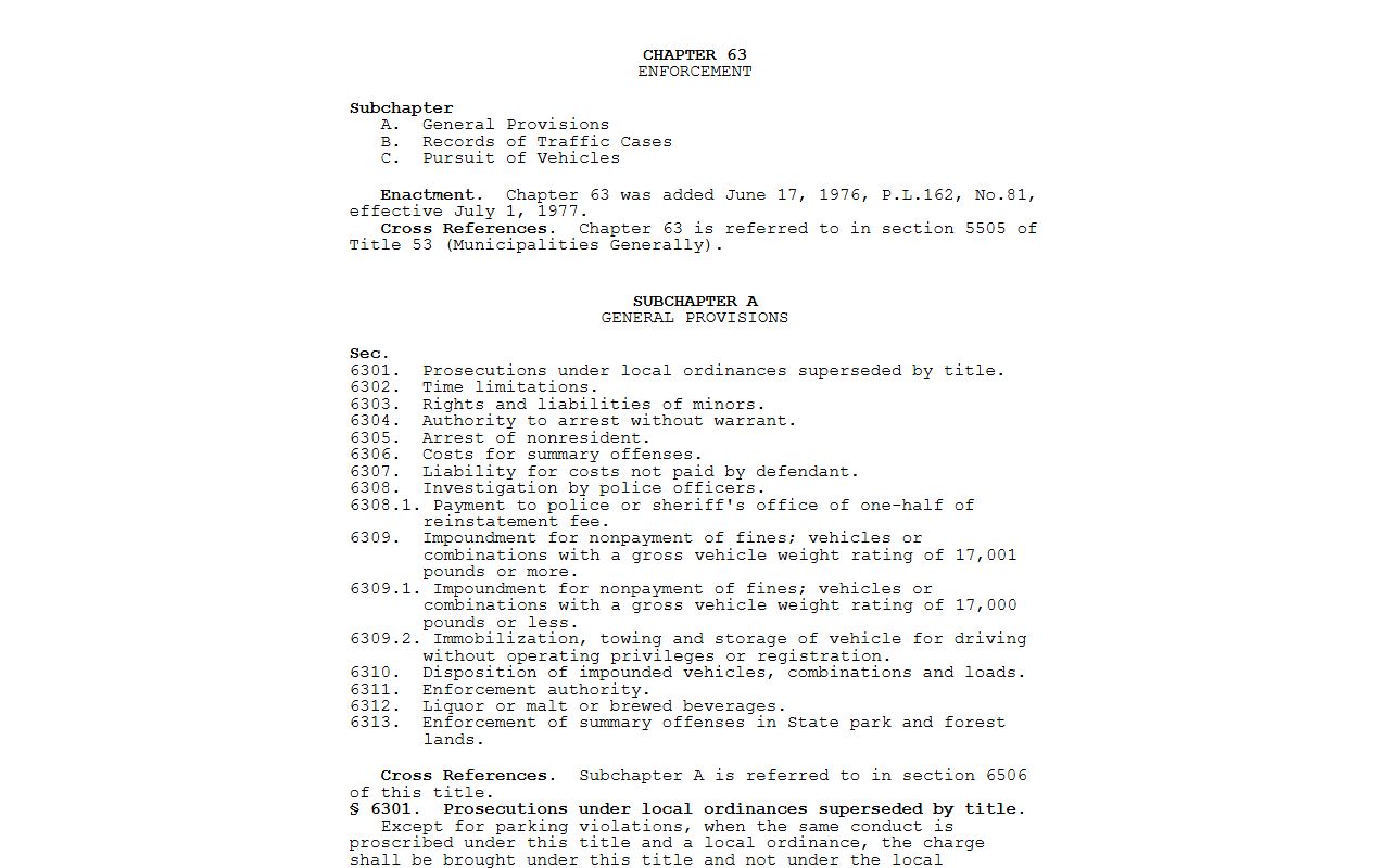 Chester County traffic court records and Vehicle Code citation provisions in Chapter 63