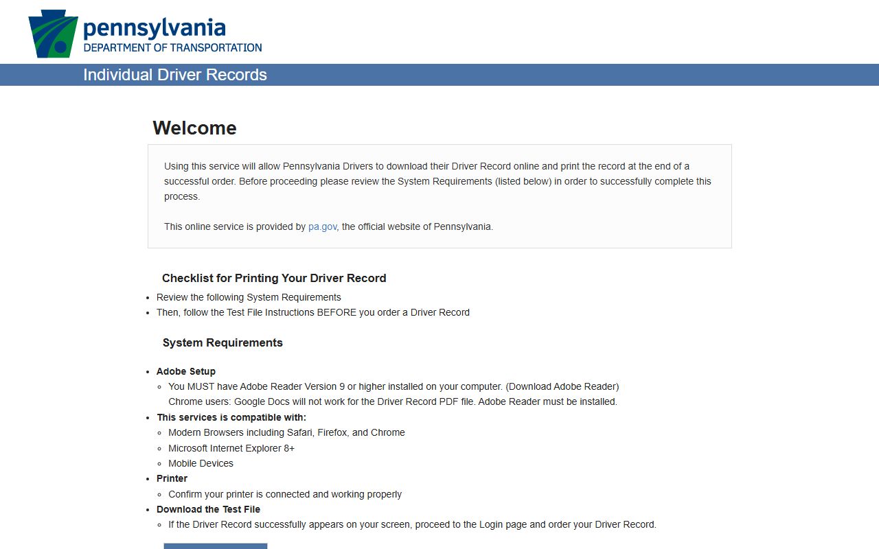 Chester County traffic court records and the PennDOT individual driver record service login