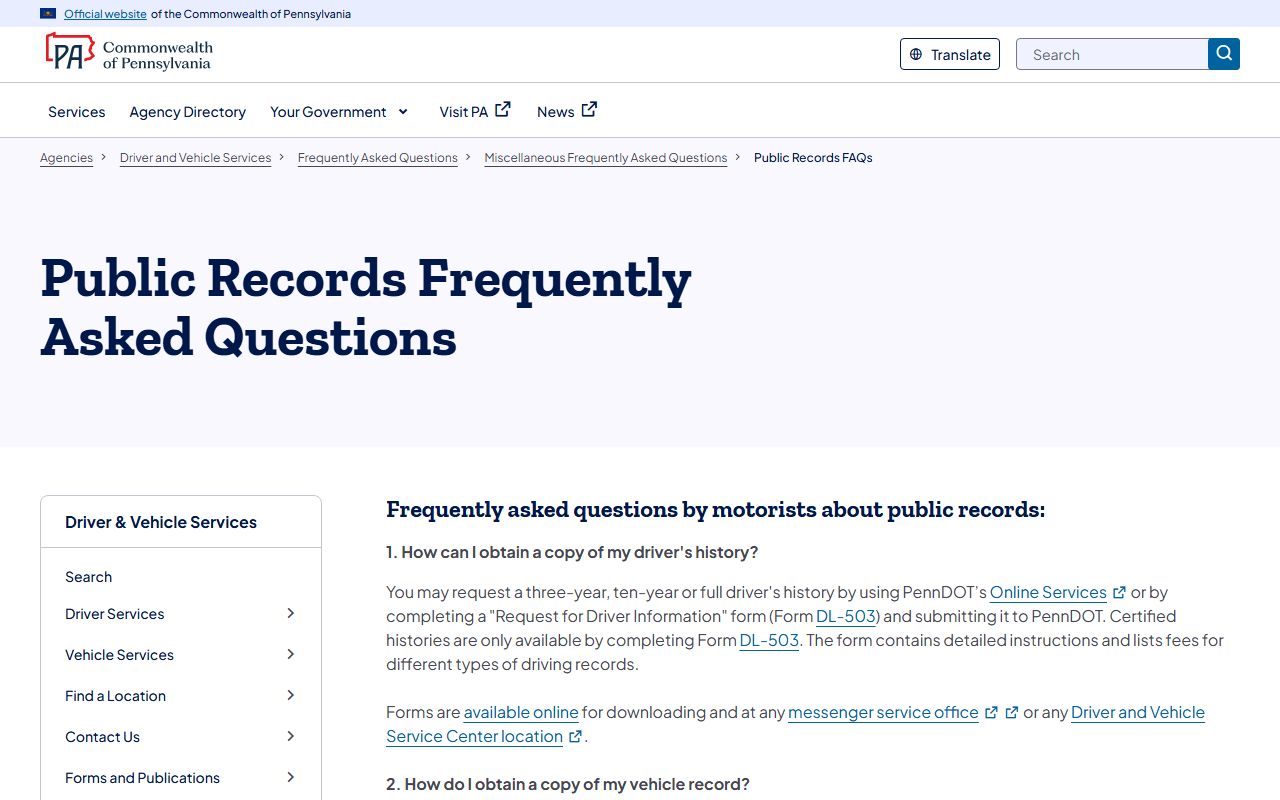 Chester County traffic court records compared with the PennDOT public records FAQ