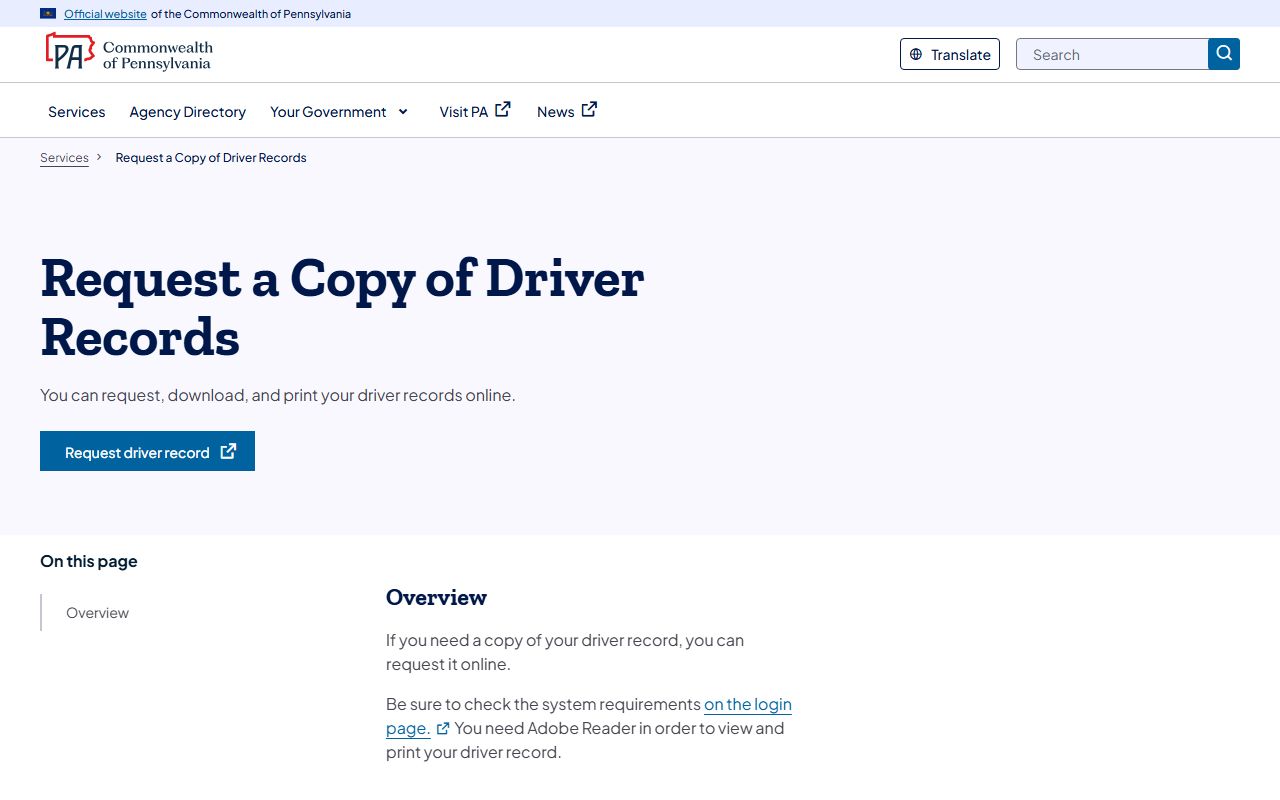 Chester County traffic court records and the PennDOT driver record request service
