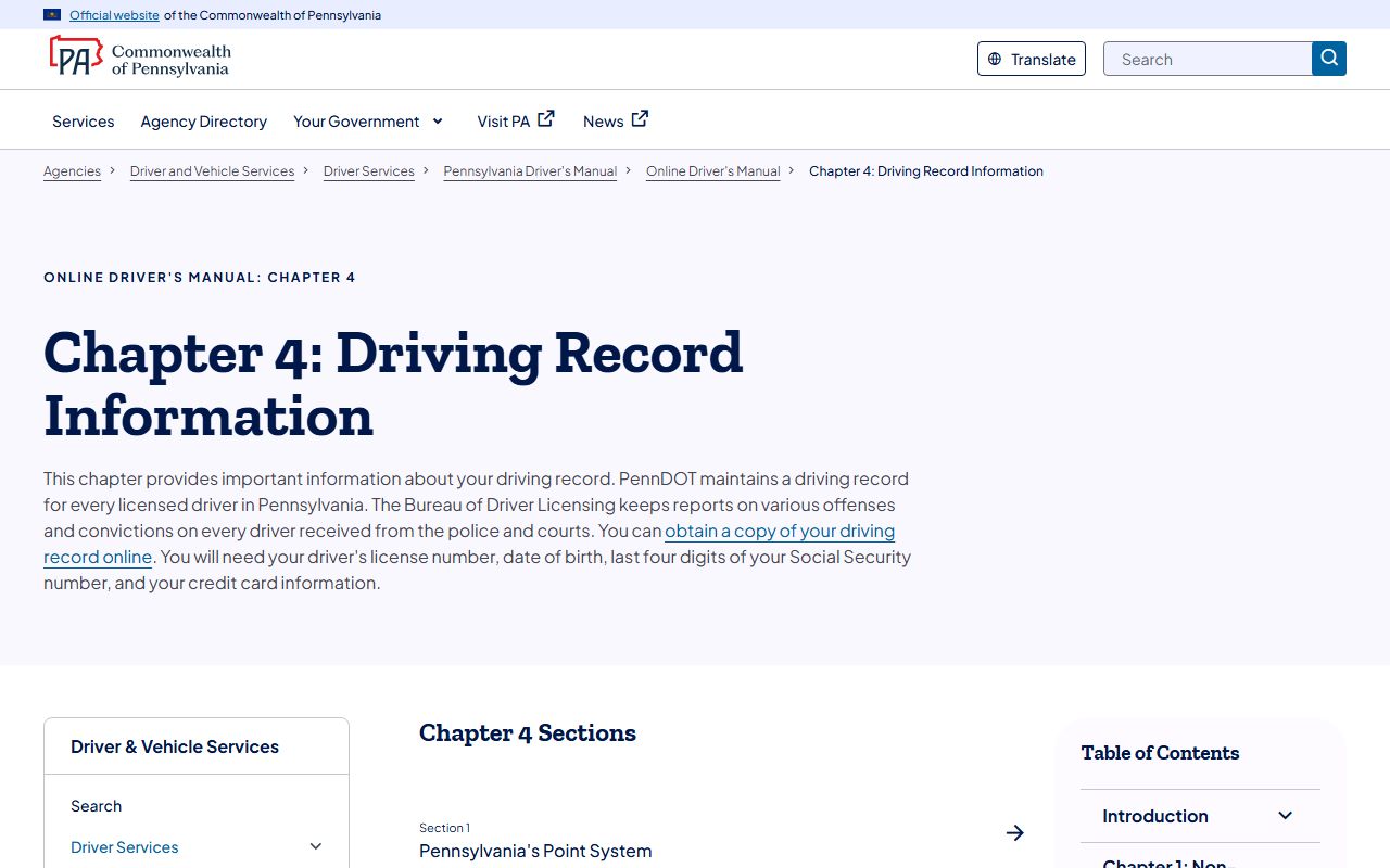 Chester County traffic court records and PennDOT driving record manual chapter 4