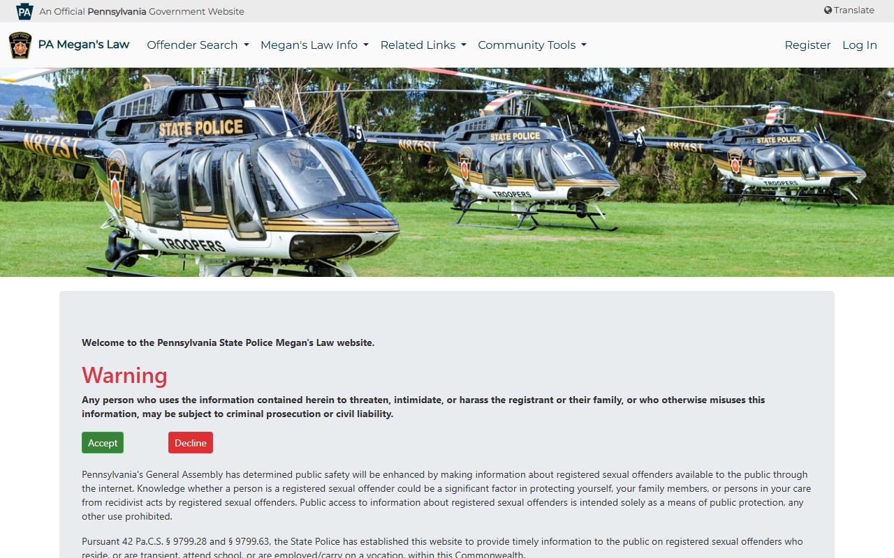 Chester County warrant records and the Pennsylvania Megan's Law sex offender registry